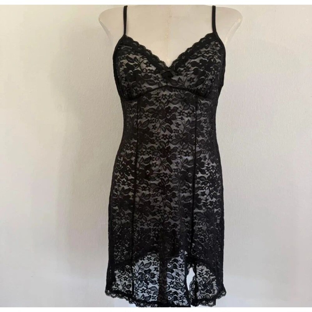 Vtg 90s Black Lace Slip Dress Goth Grunge Whimsigoth Coquette Babydoll Mini M
